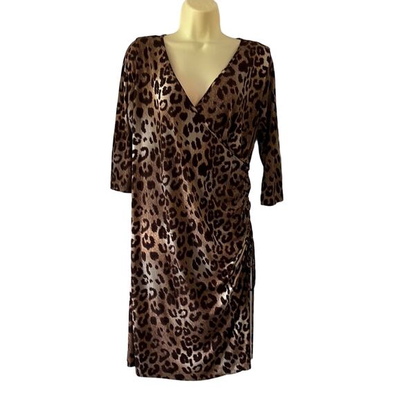 Clara Sun Woo Animal Print Slinky Knit Ruched Dress Woman Size Medium Faux Wrap - Picture 1 of 11